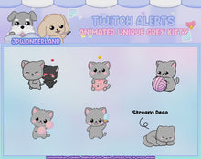 Load and play video in Gallery viewer, Cute Animated Unique Kitty Twitch Alerts (Grey/White/Black) - Unique Kitty Series | Animated Stream decoration
