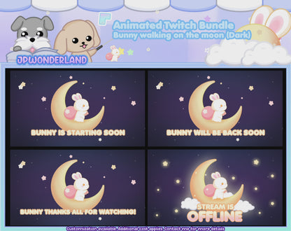 Animated Cute Bunny walking on the moon (Dark) Full Stream Bundle Package for Twitch / Youtube - Overlay Pack / Kawaii Rabbit / Moon / Star
