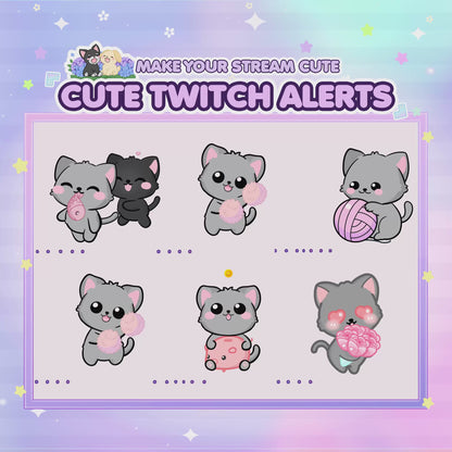 Cute Animated Kitty Twitch Alerts (Grey/White/Black/Calico)