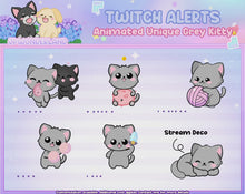 Load and play video in Gallery viewer, Cute Animated Unique Kitty Twitch Alerts (Grey/White/Black) - Unique Kitty Series | Animated Stream decoration
