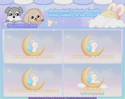 Animated Cute Bunny walking on the moon Full Stream Bundle Package for Twitch / Youtube - Overlay Pack / Kawaii Rabbit / Moon / Star