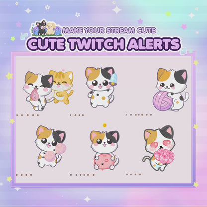 Cute Animated Kitty Twitch Alerts (Grey/White/Black/Calico)