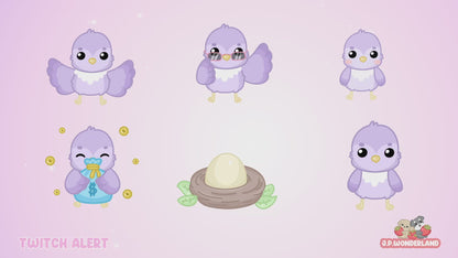 Unique Animated Lilac Bird Twitch Alerts Bundle