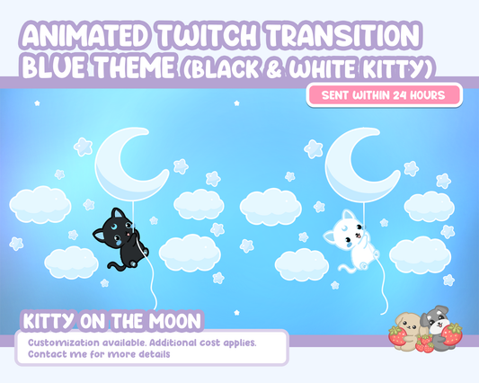 Animated Twitch Transition - Blue Theme ( Black & White Kitty on the moon )