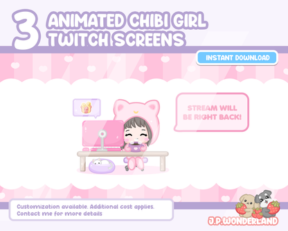 Animated Chibi Girl Twitch Screens -  Starting Soon, Be Right Back, Ending Screen