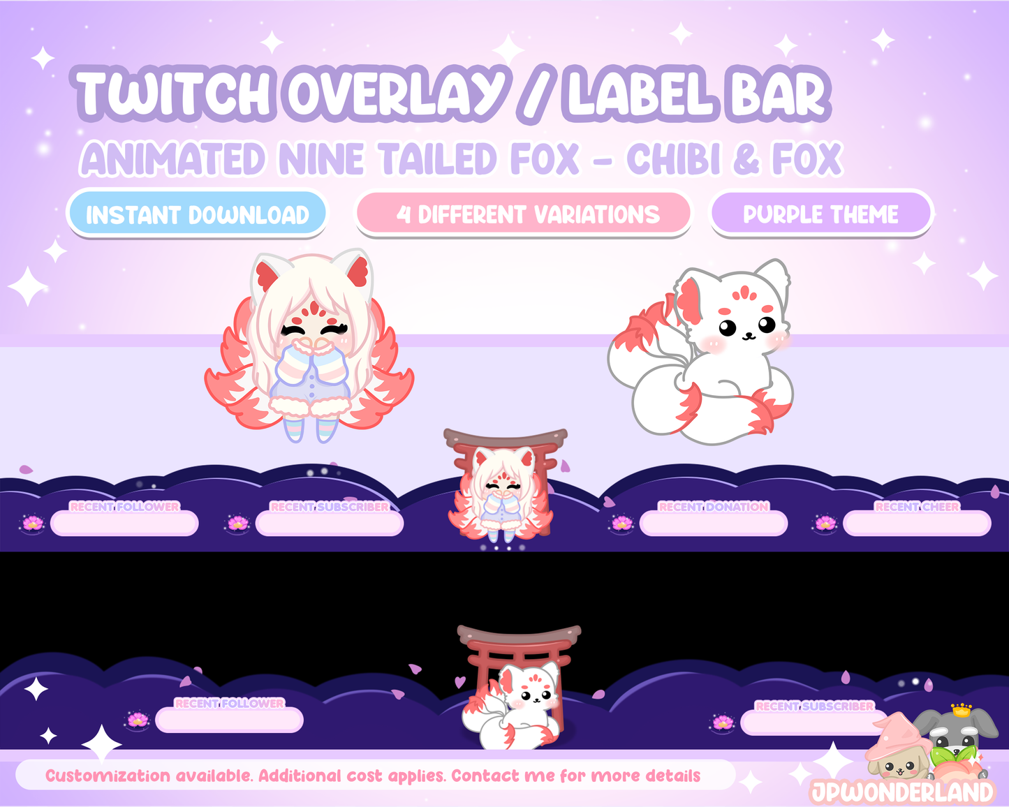 Animated Nine Tailed Fox Twitch Overlay / Stream label bar. Chibi Fox / Kumiho / Gumiho