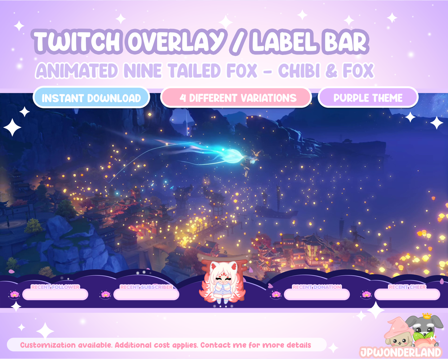 Animated Nine Tailed Fox Twitch Overlay / Stream label bar. Chibi Fox / Kumiho / Gumiho