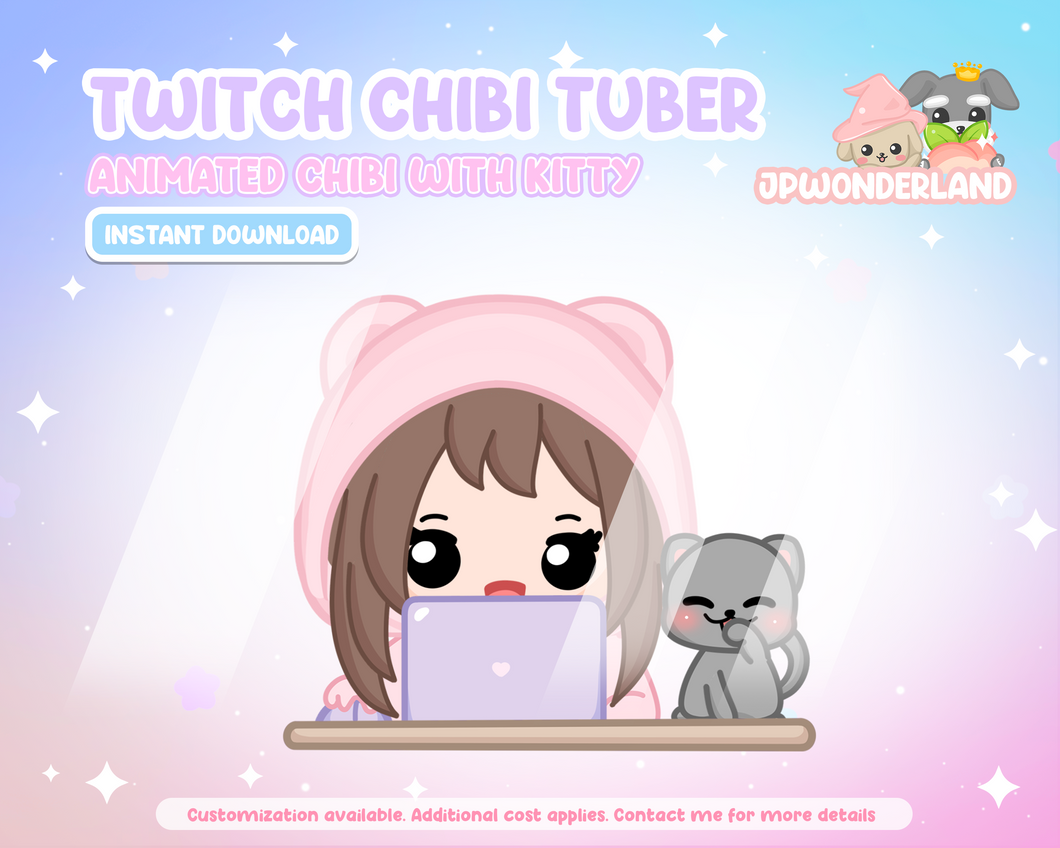 Animated Chibi with cat PNGtuber / Vtuber / Gifttuber / Alert for Twitch / Discord / Stream