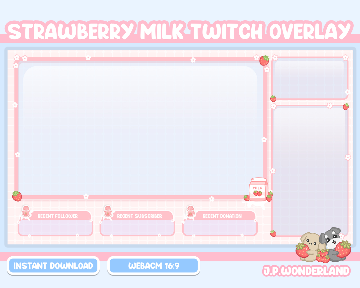 Cute Strawberry Milk Twitch Overlay compatible with streamlabs / obs studio / stream elements