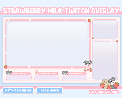 Cute Strawberry Milk Twitch Overlay compatible with streamlabs / obs studio / stream elements