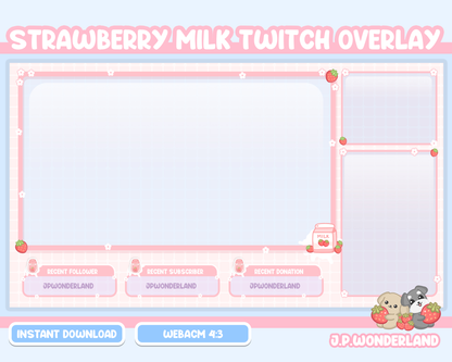 Cute Strawberry Milk Twitch Overlay compatible with streamlabs / obs studio / stream elements