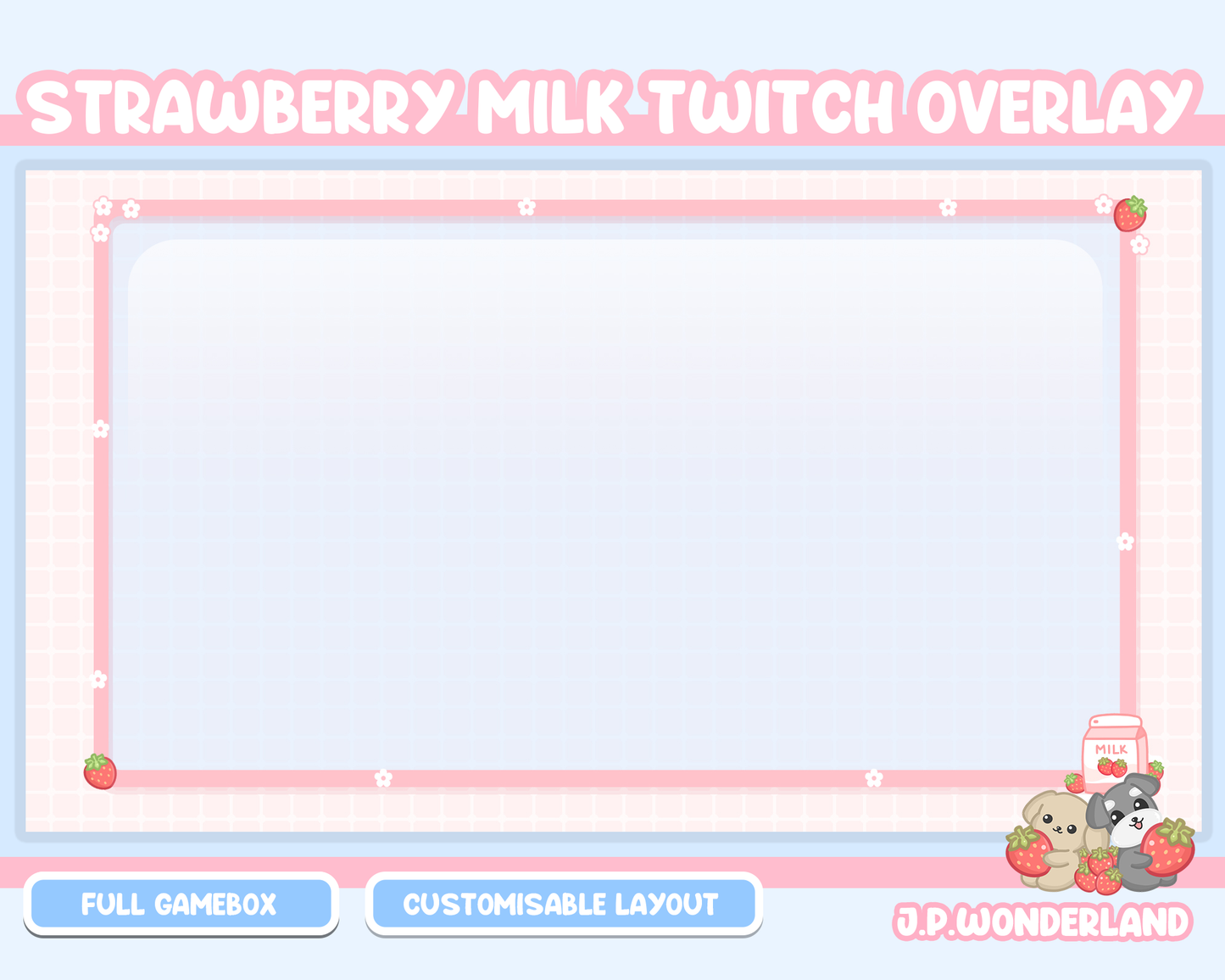 Cute Strawberry Milk Twitch Overlay compatible with streamlabs / obs studio / stream elements