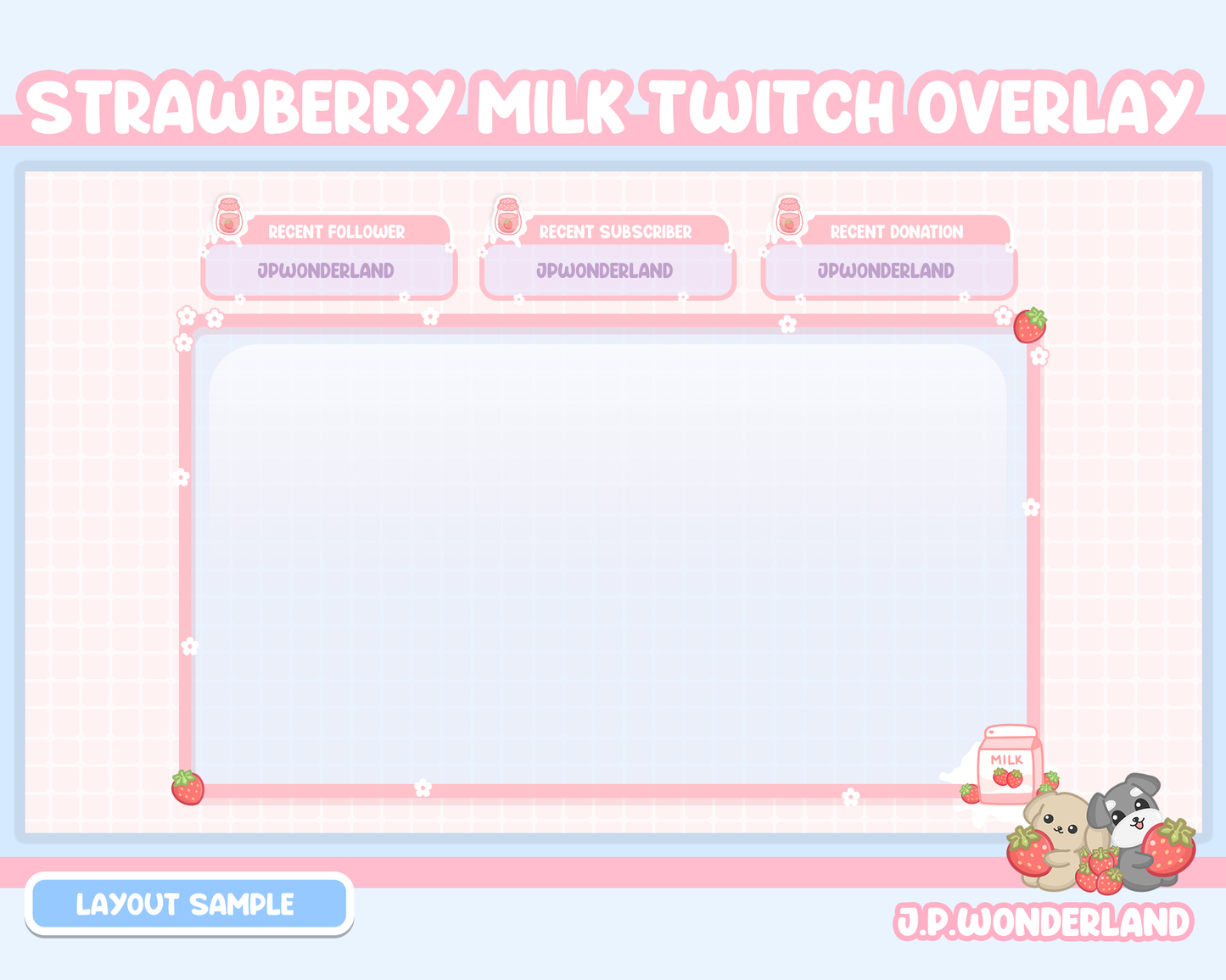 Cute Strawberry Milk Twitch Overlay compatible with streamlabs / obs studio / stream elements