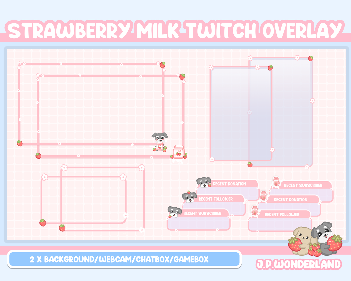 Cute Strawberry Milk Twitch Overlay compatible with streamlabs / obs studio / stream elements