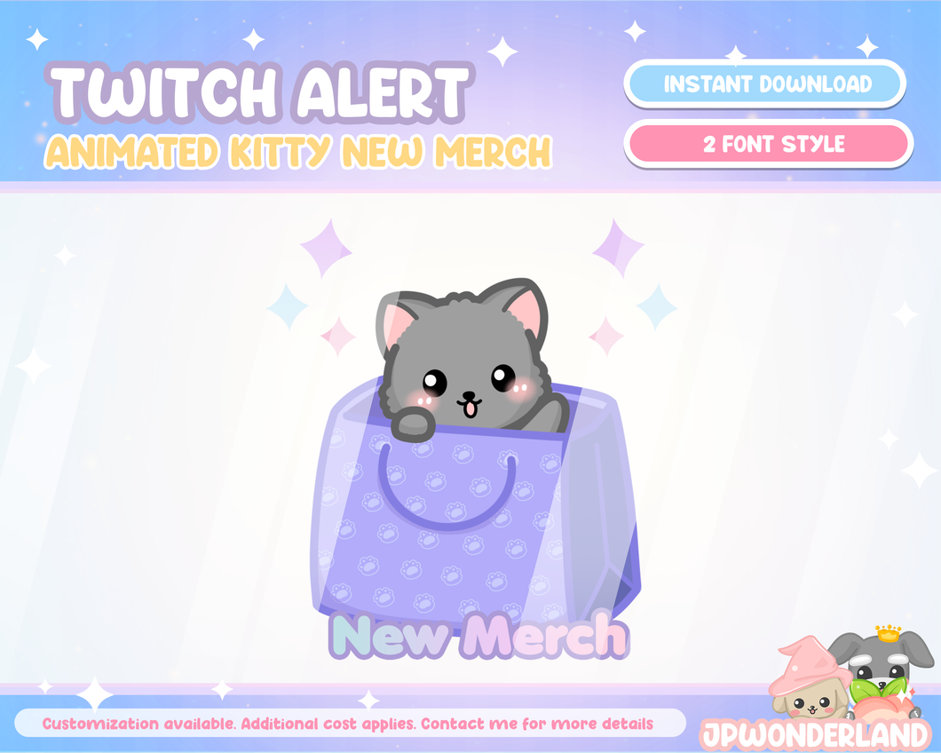 Animated Gray Kitty Twitch Alerts - New Merch Alert