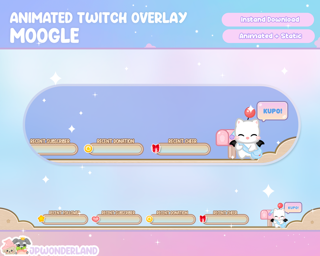 Animated Final Fantasy Moogle Twitch Overlay / Stream label bar. Compatible with streamlabs / obs studio / stream elements