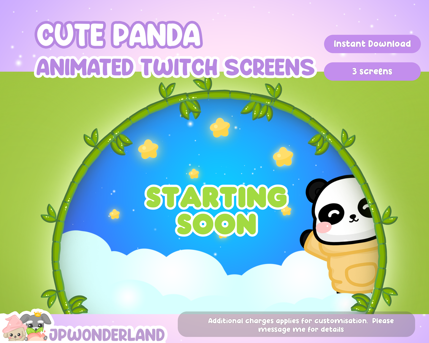 Animated Panda Twitch Screens -  Starting Soon, Be Right Back, Thanks for watching Screens