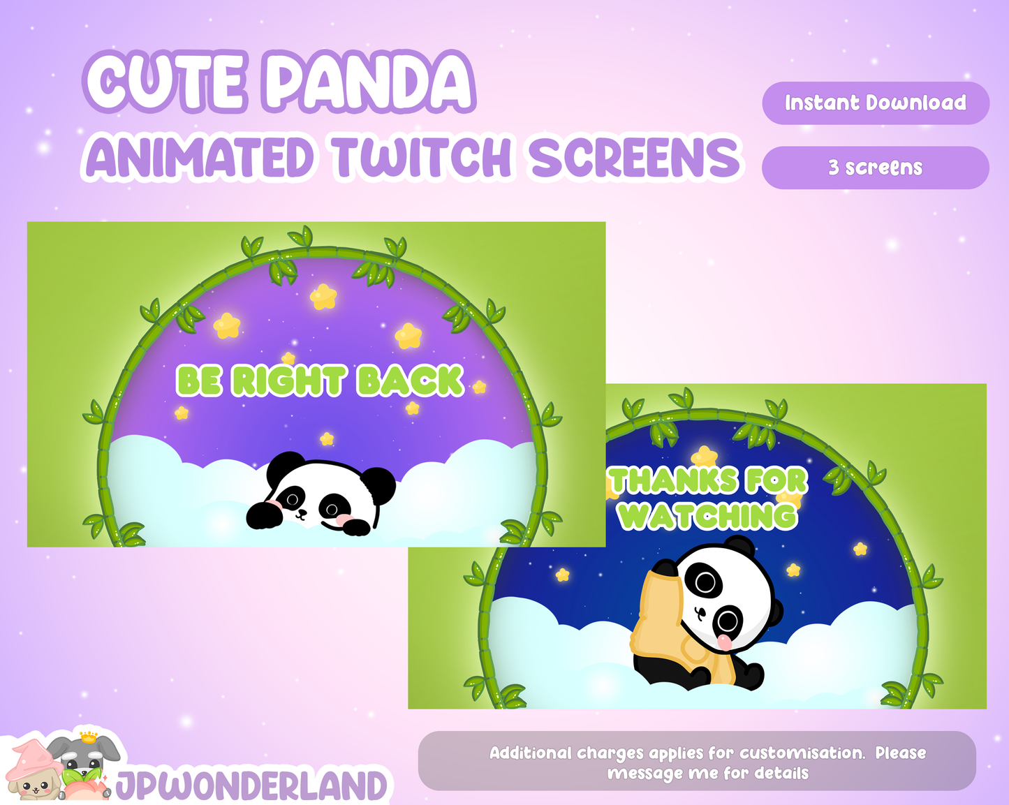 Animated Panda Twitch Screens -  Starting Soon, Be Right Back, Thanks for watching Screens