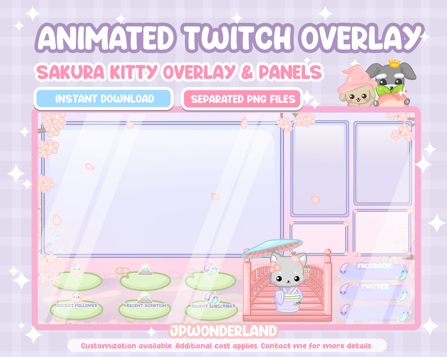 Animated Sakura Kitty Twitch Overlay & Panels