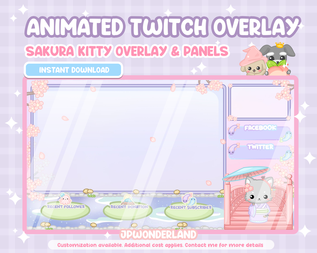 Animated Sakura Kitty Twitch Overlay & Panels