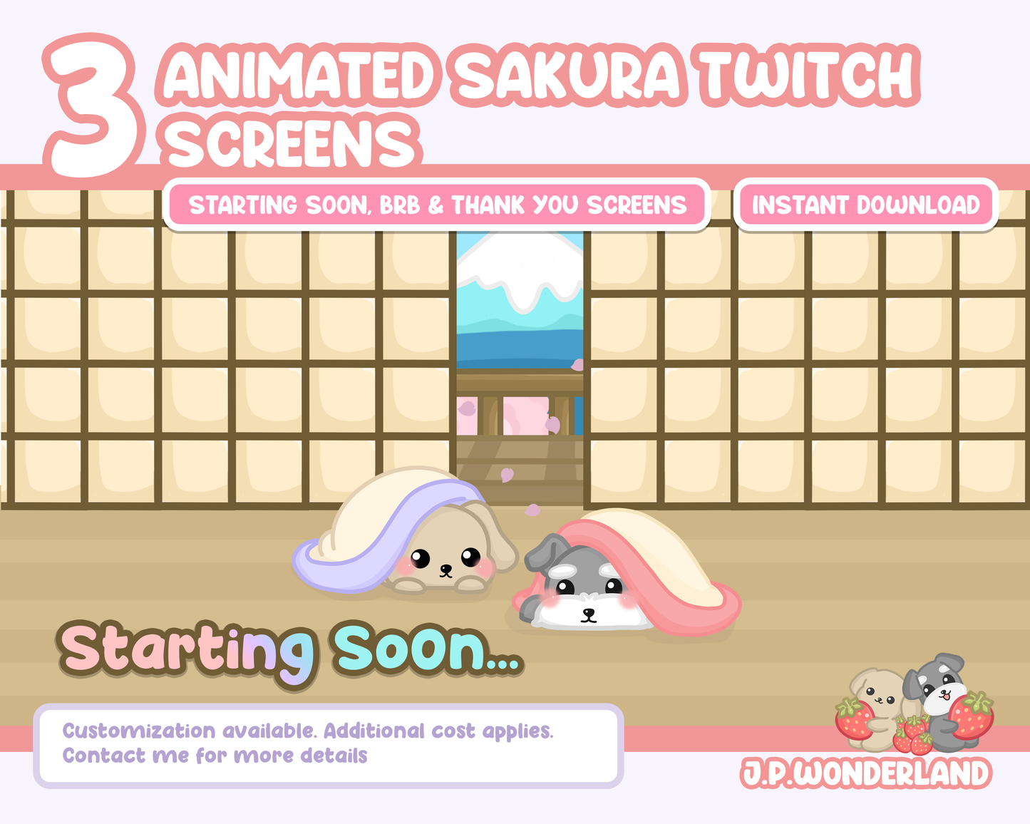 Animated Sakura Puppies Twitch Screens -  Starting Soon, Be Right Back, Thanks for watching & Offline Screens