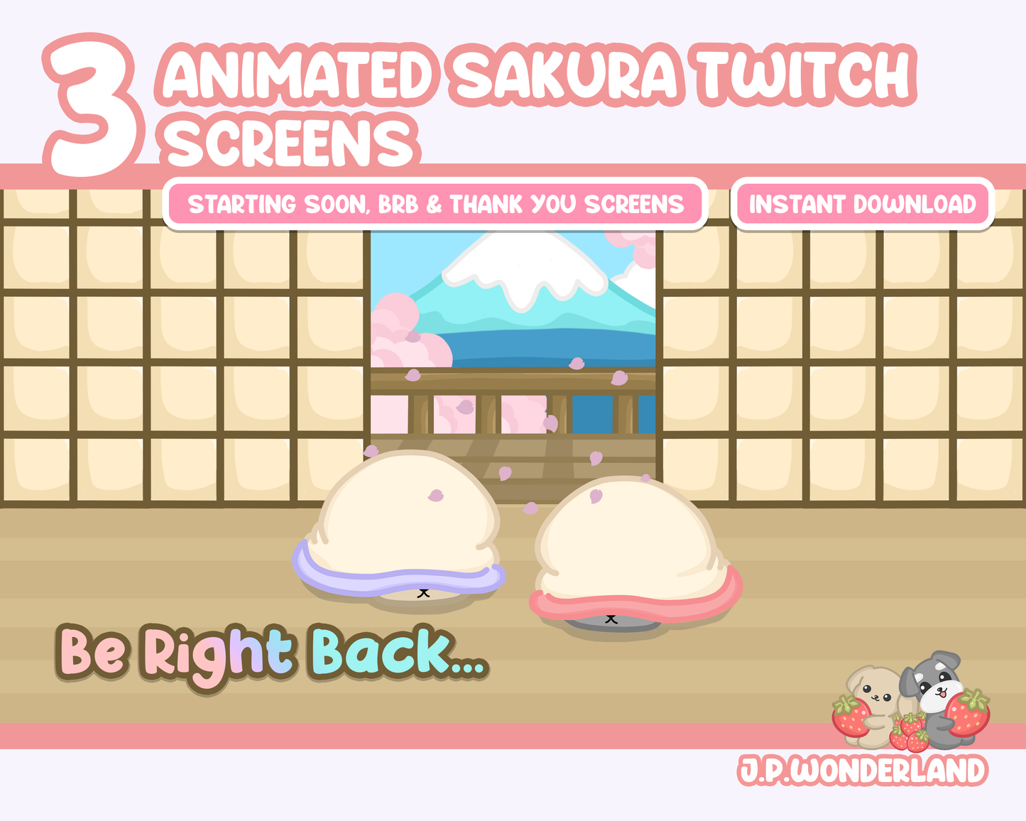 Animated Sakura Puppies Twitch Screens -  Starting Soon, Be Right Back, Thanks for watching & Offline Screens