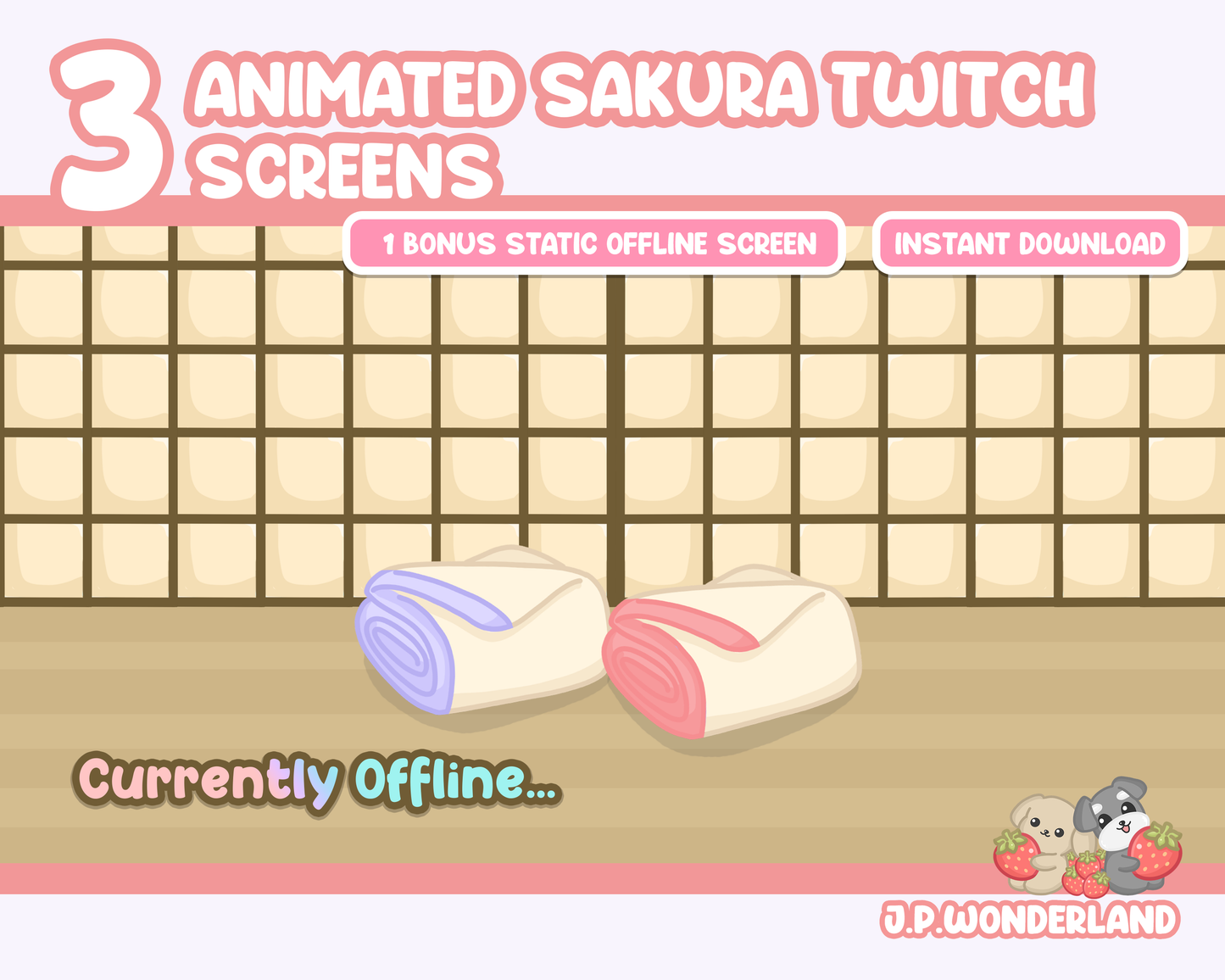 Animated Sakura Puppies Twitch Screens -  Starting Soon, Be Right Back, Thanks for watching & Offline Screens