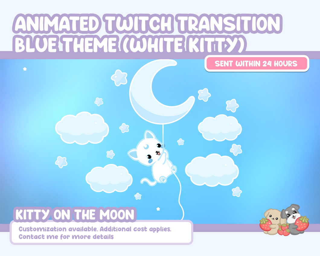 Animated Twitch Transition - Blue Theme ( Black & White Kitty on the moon )