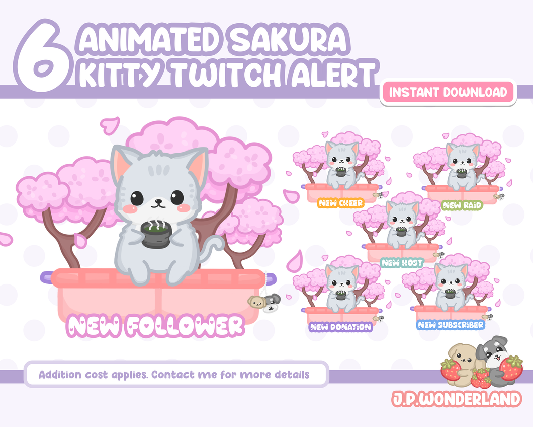 Cute Animated Twitch Alerts - Sakura Kitty (Total 6)